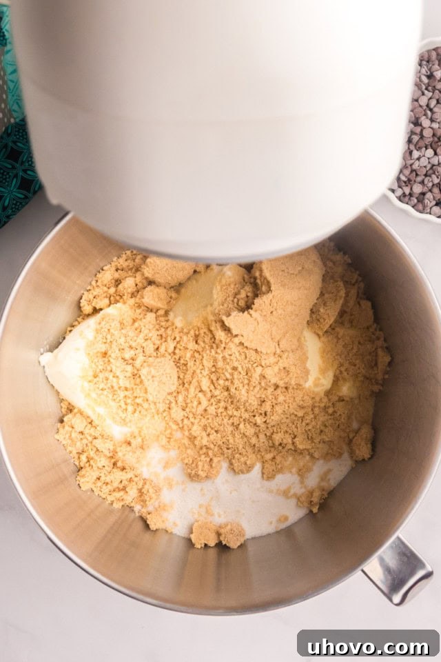 An overhead view of softened butter, cream cheese, brown sugar, and granulated sugar in the bowl of a stand mixer, ready for creaming.