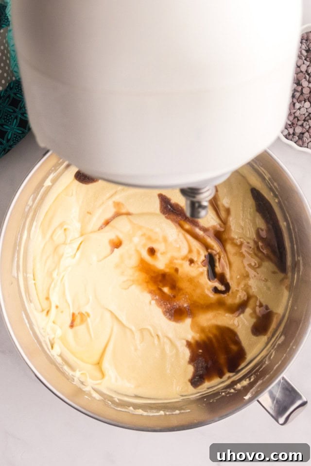 An inviting overhead view of vanilla and almond extracts being carefully poured into the developing cake batter in the stand mixer, ensuring even flavor distribution.