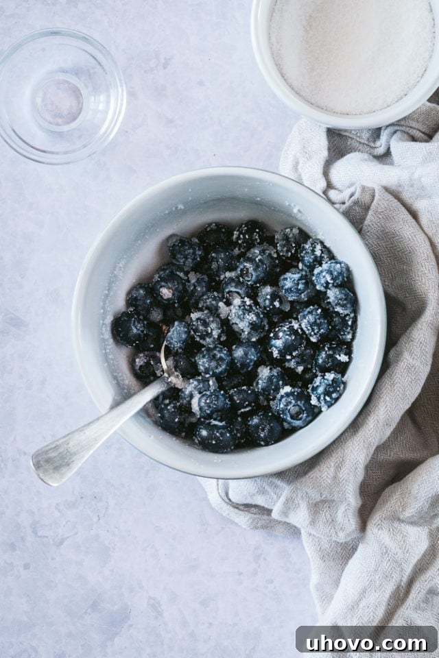 Sweetened blueberries mixed with lemon juice in a white bowl, showing their glossy, slightly macerated texture, ready to be folded into the dough.