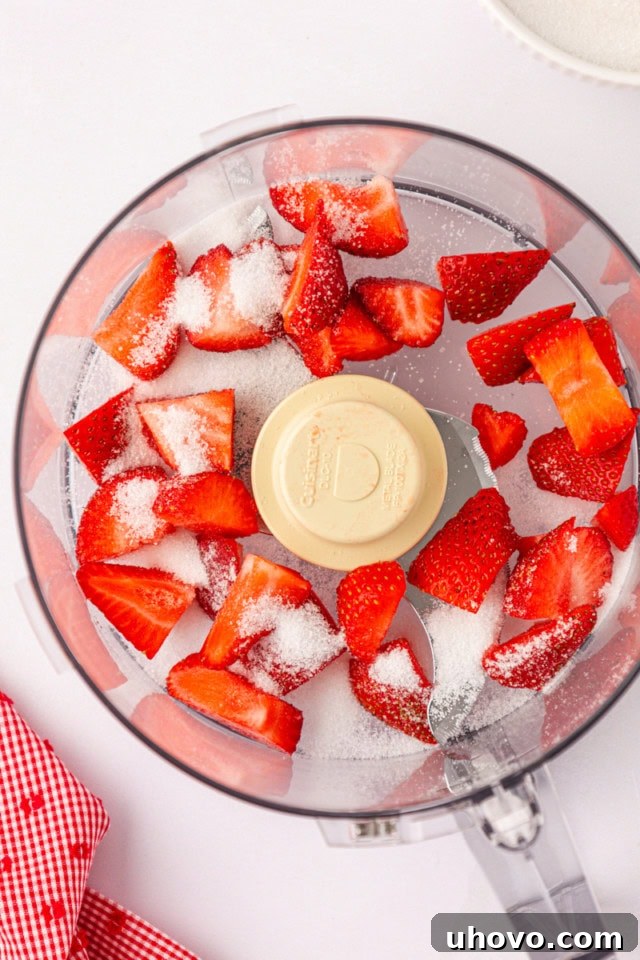 Overhead shot of freshly hulled and chopped strawberries alongside a spoonful of granulated sugar inside a food processor bowl, ready for blending.