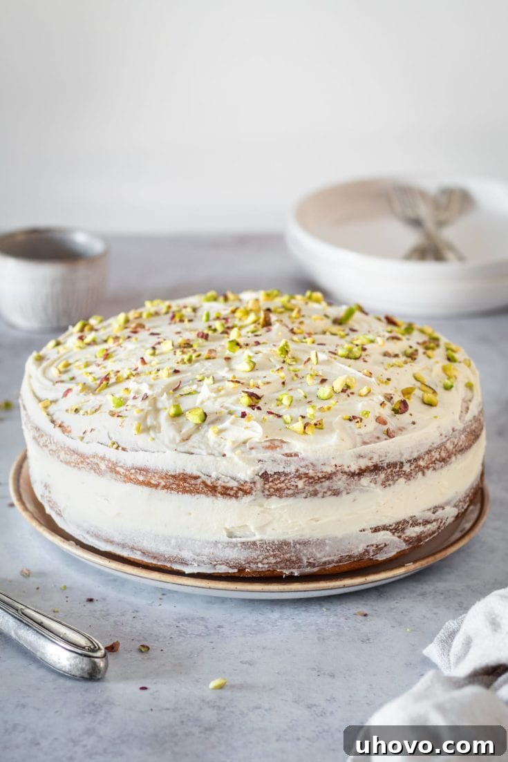 A whole pistachio cake decorated with white chocolate frosting and crushed pistachios on a plate.