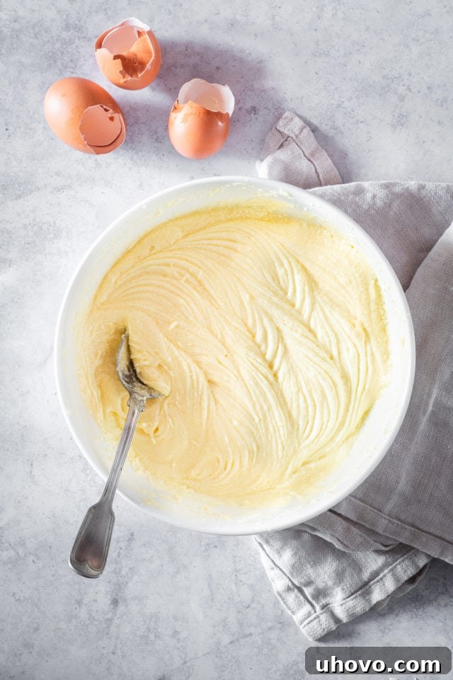 Overhead shot of combined wet ingredients (butter, sugar, eggs, vanilla) creating a smooth, creamy cake batter in a large bowl.