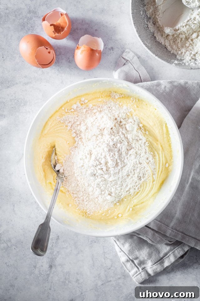 Overhead shot of flour mixture being gently incorporated into the bowl of wet cake batter with an electric mixer.