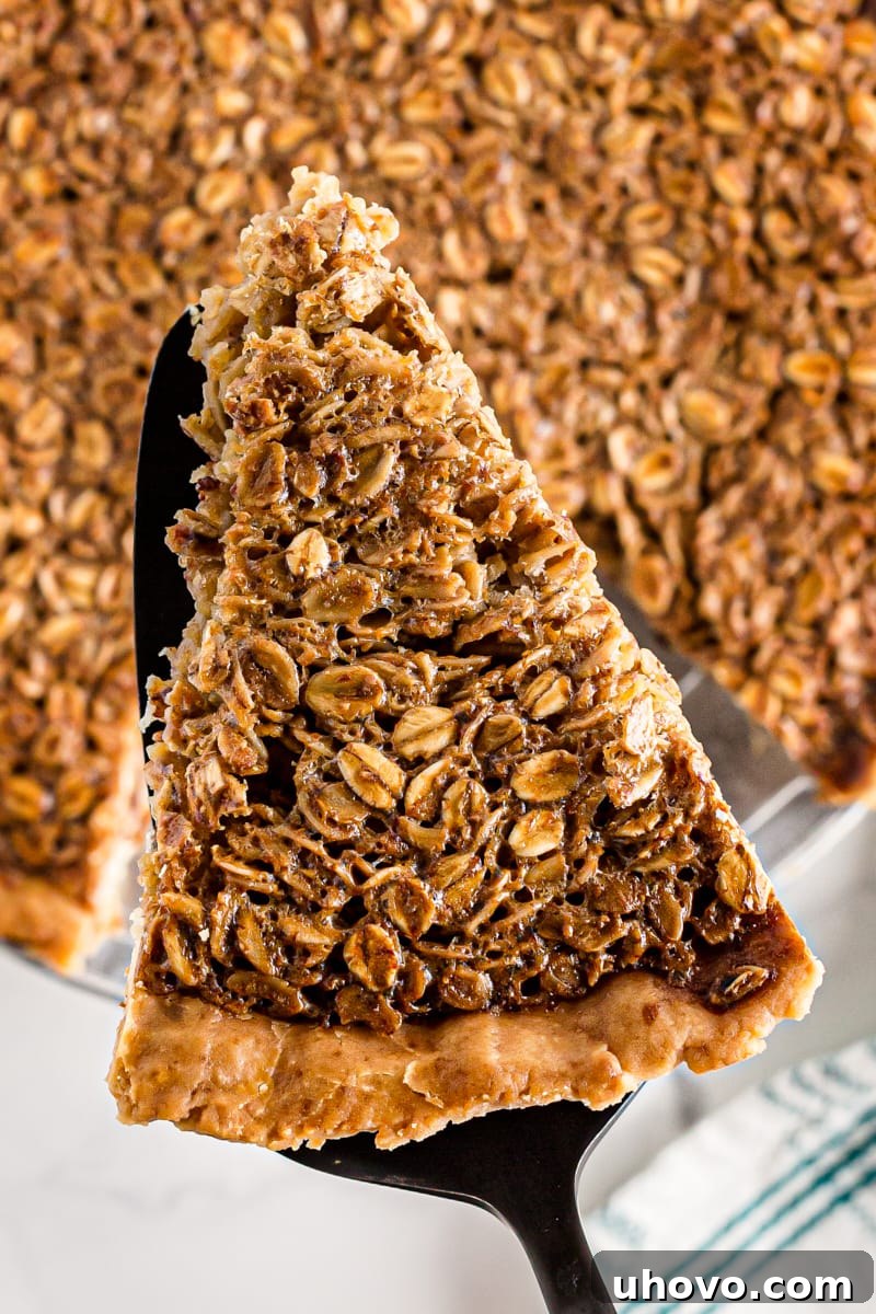 A perfectly baked slice of black bottom oatmeal pie being carefully lifted out of the pie pan with a pie server.