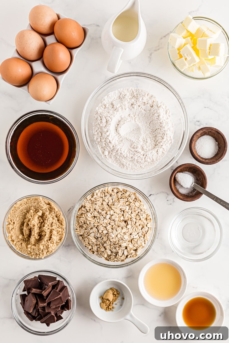 All the necessary ingredients for crafting a delicious black bottom oatmeal pie, neatly arranged on a kitchen counter.