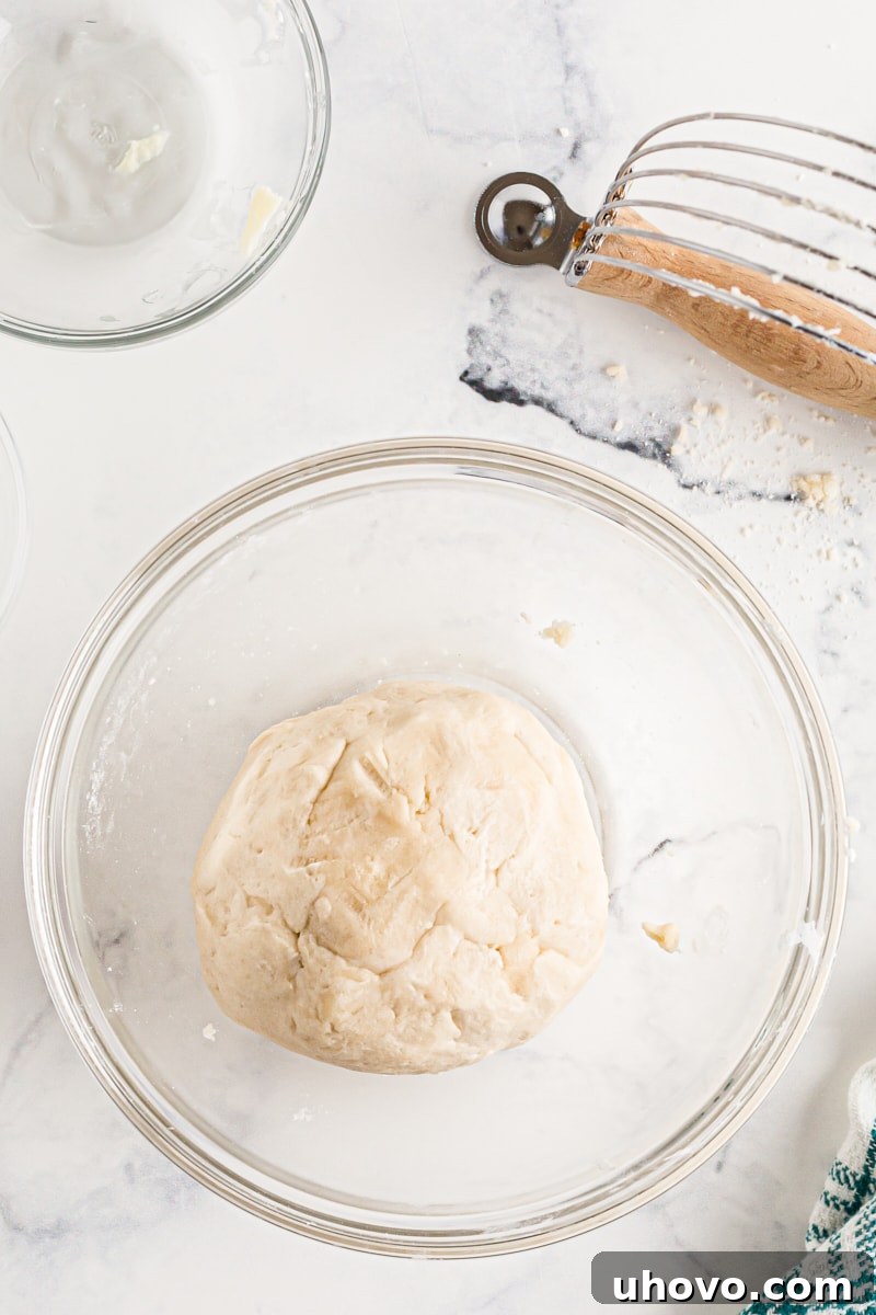 A smooth, round ball of pie crust dough resting in a bowl, ready for chilling.