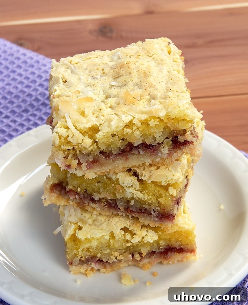 Irresistible Coconut-Raspberry Bars, freshly baked and ready to enjoy