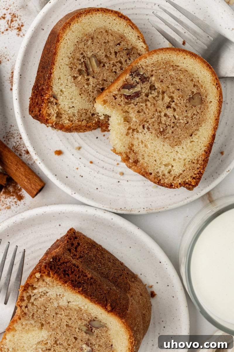 Overhead view of several slices of cinnamon crown cake neatly arranged on plates