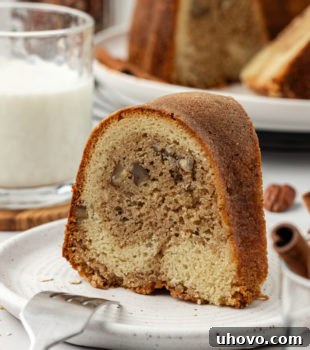Slice of cinnamon crown cake standing on plate, revealing the flavorful inner tunnel
