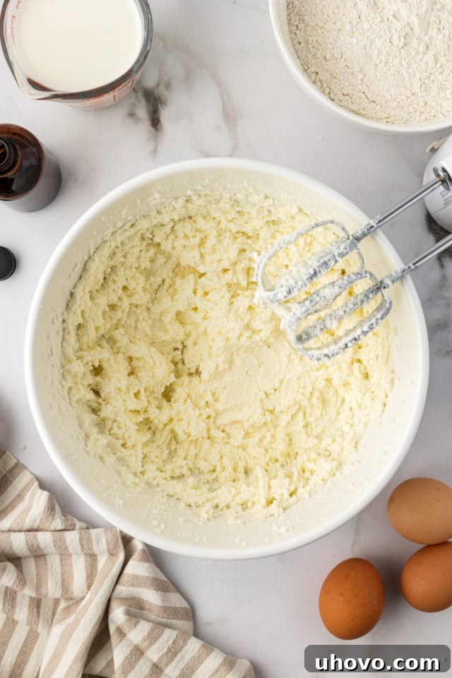 Creamed butter and sugar in a mixing bowl, light and fluffy