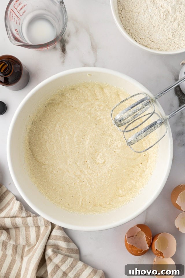 Well-mixed wet ingredients in a large mixing bowl, ready for dry ingredients