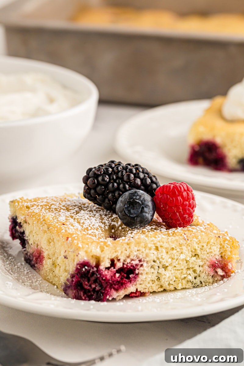 A generous slice of moist berry pudding cake, richly topped with an assortment of fresh berries, hinting at its deliciousness.