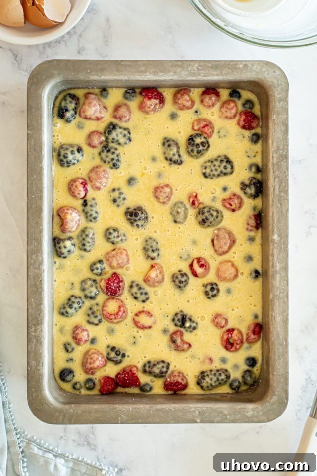 An overhead shot of the berry pudding cake batter carefully poured over the sugared berries in the baking pan, poised for the oven.