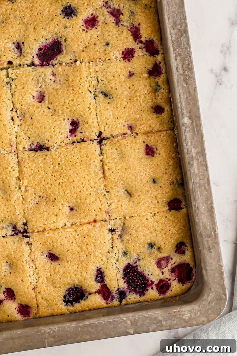 An inviting overhead view of a freshly baked berry pudding cake, still in its metal baking pan, neatly sliced into individual portions, ready to be enjoyed.