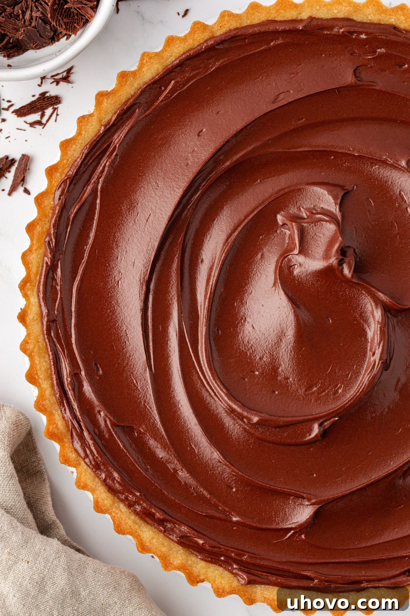 A perfectly set and beautifully garnished chocolate mascarpone tart, viewed from directly above, showcasing its smooth surface and elegant toppings.