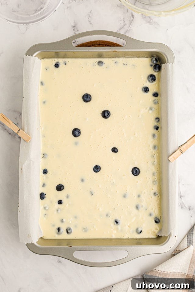Blueberry oat cheesecake bars in pan before baking