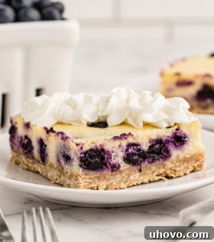 Blueberry oat cheesecake bar on white plate with pint of blueberries in background