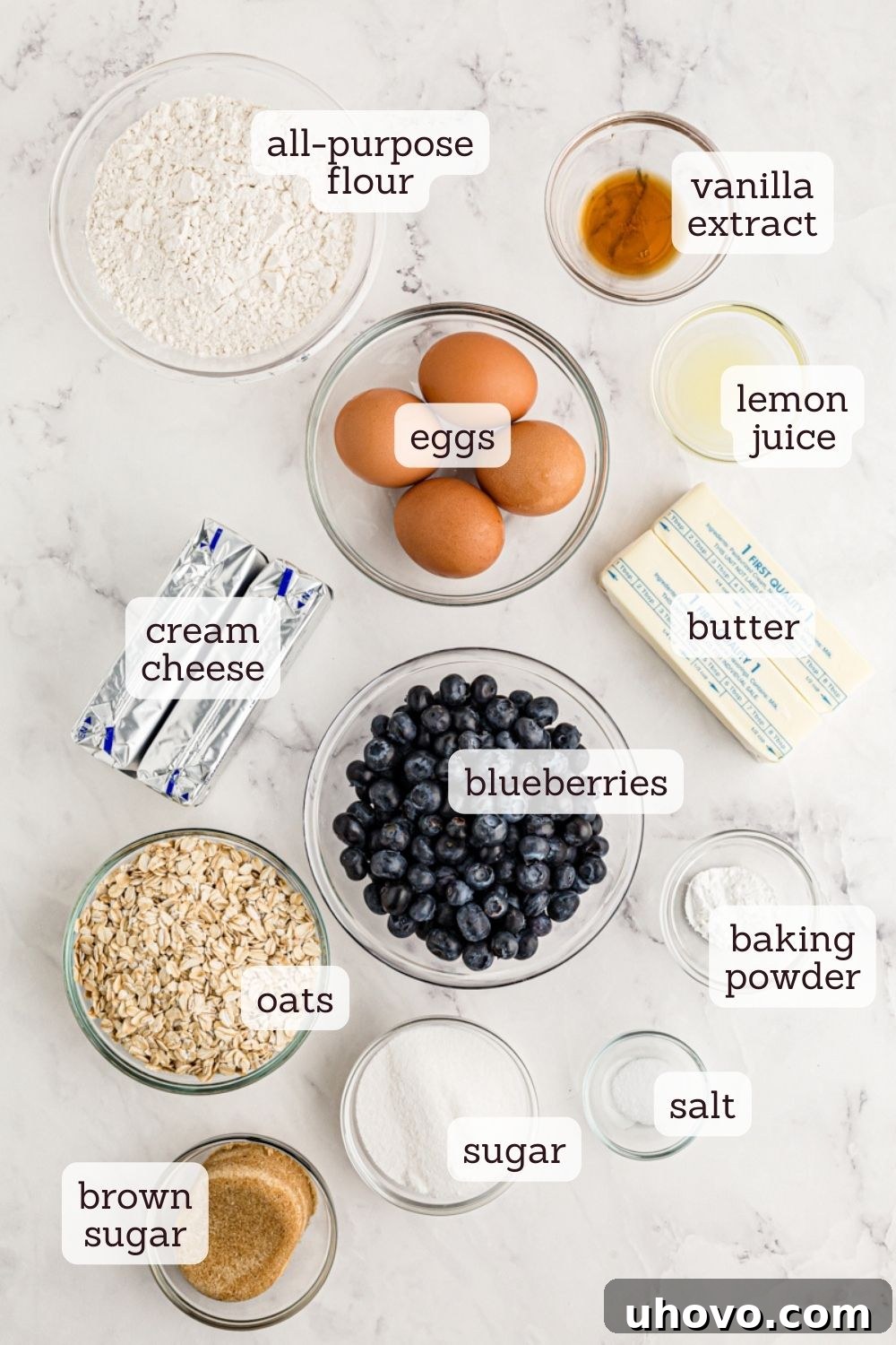 overhead view of ingredients for blueberry oat cheesecake bars