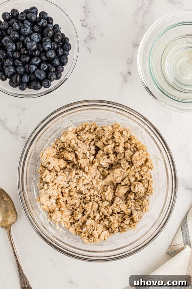 Overhead view of oat crust mixture in glass bowl