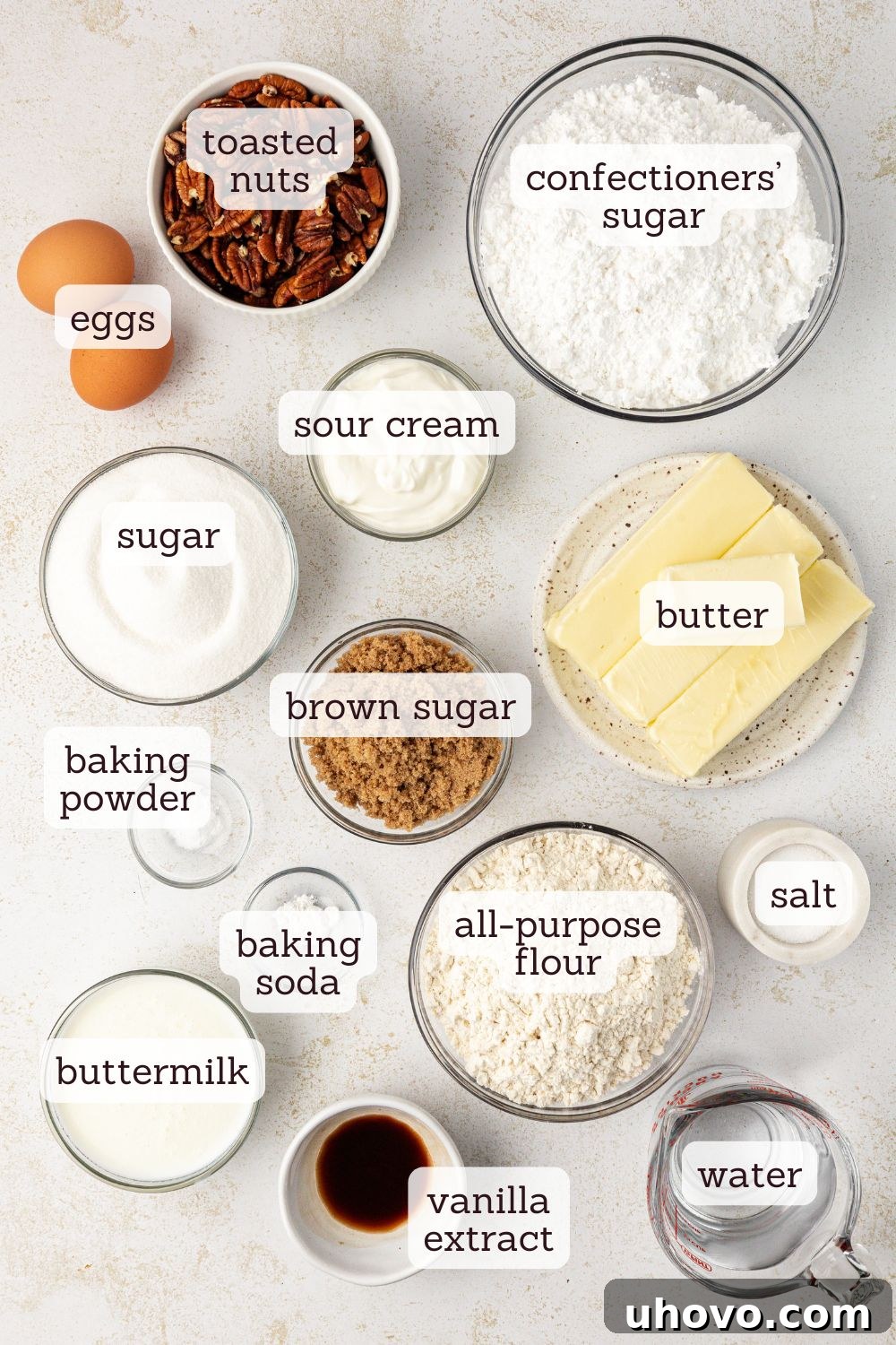 Overhead view of ingredients for brown butter Texas sheet cake