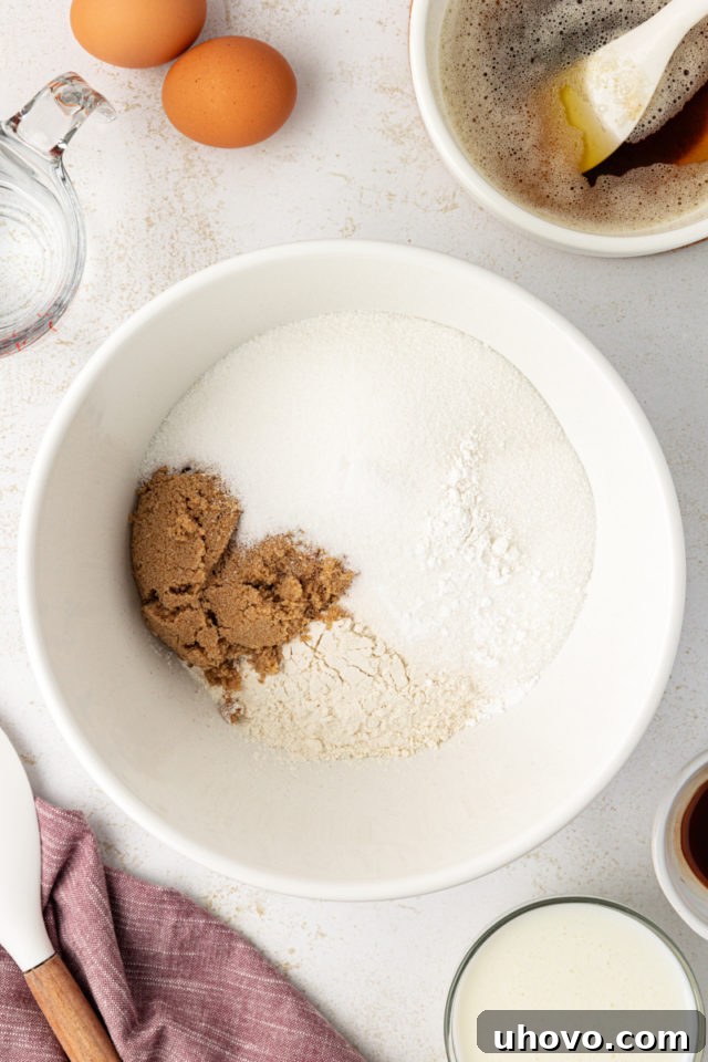 Dry ingredients for brown butter Texas sheet cake in bowl before mixing