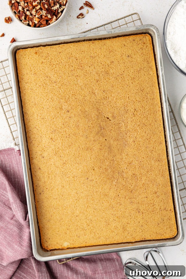 Baked brown butter sheet cake before frosting
