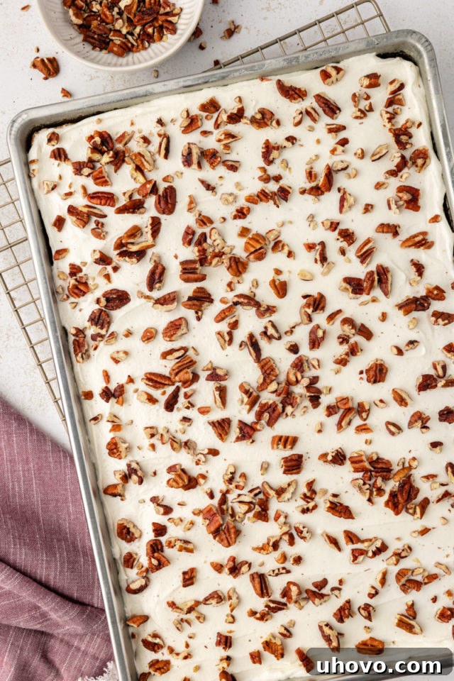 Overhead view of frosted brown butter Texas sheet cake