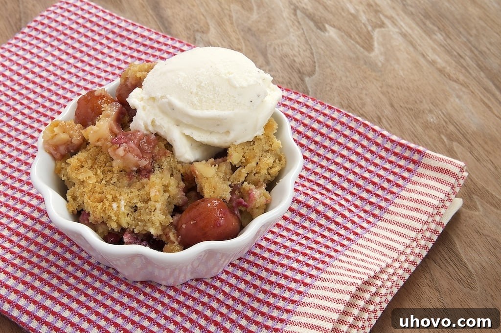 Cherry-Almond Crumble, a simple and delicious combination of fresh cherries and a sweet, nutty crumb topping, served in a bowl with ice cream.