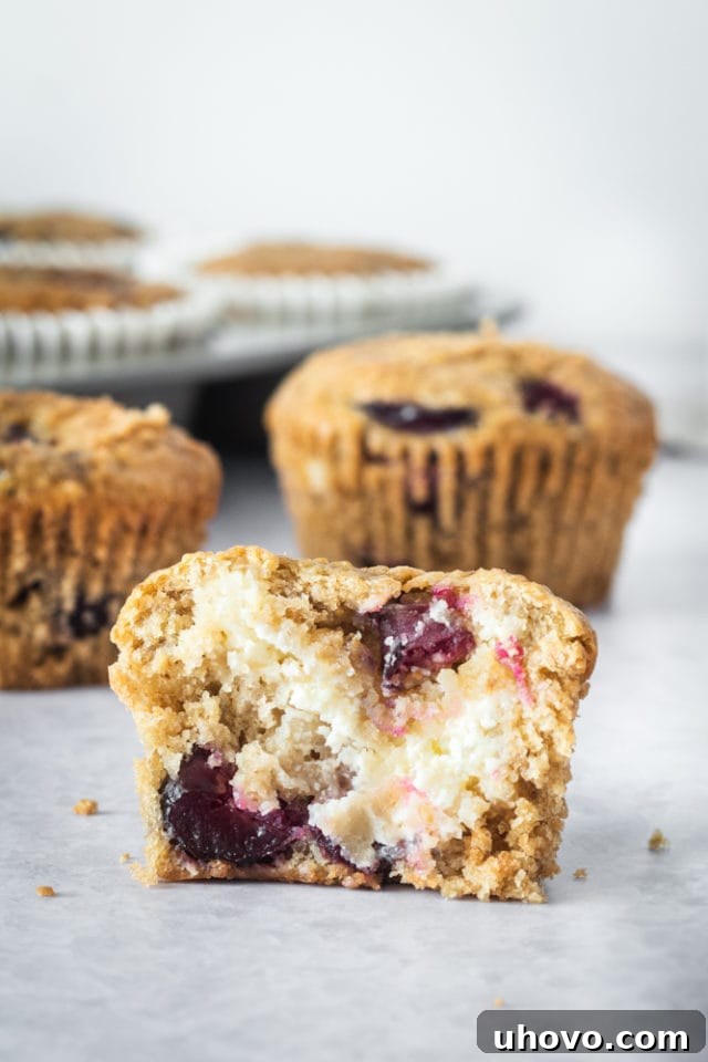 A Cherry Cheesecake Muffin cut in half to show the rich cream cheese filling inside.