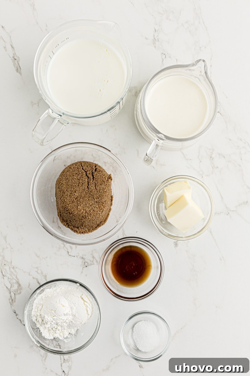 A beautiful overhead shot showcasing all the essential ingredients laid out for making butterscotch pudding.