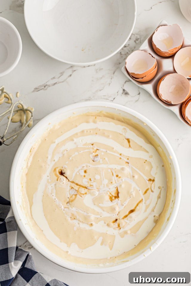 Gently stirring in vanilla extract and heavy whipping cream into the cheesecake batter to achieve a smooth consistency.