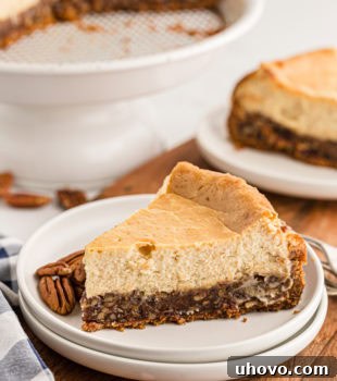 Pecan pie cheesecake slice in front of the rest of the pie