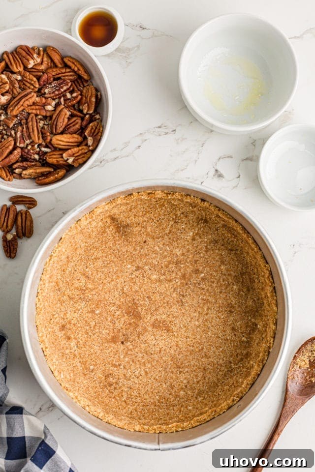 Firmly pressing the vanilla wafer crust mixture into the bottom and up the sides of a 9-inch springform pan.