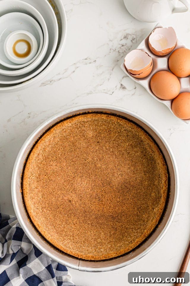 The golden-brown, briefly baked vanilla wafer crust inside a springform pan, set aside to cool.