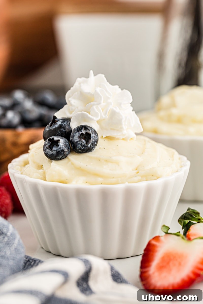 A charming cup of homemade vanilla pudding, elegantly adorned with a swirl of whipped cream and a scattering of fresh blueberries, making for a delightful dessert.