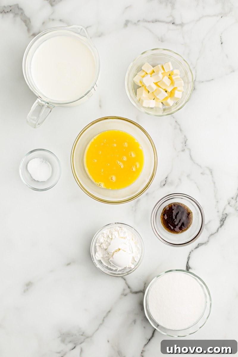 Overhead view of the simple, high-quality ingredients laid out for making delicious homemade vanilla pudding: sugar, cornstarch, milk, eggs, butter, and vanilla.