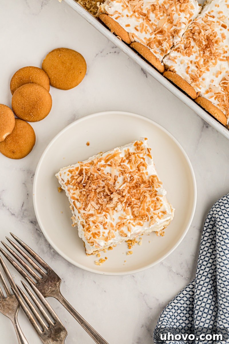 Overhead view of coconut cream pie bar on plate next to pan of bars