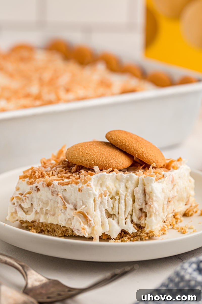 Coconut cream pie bar on plate with corner eaten and two vanilla wafers set on top