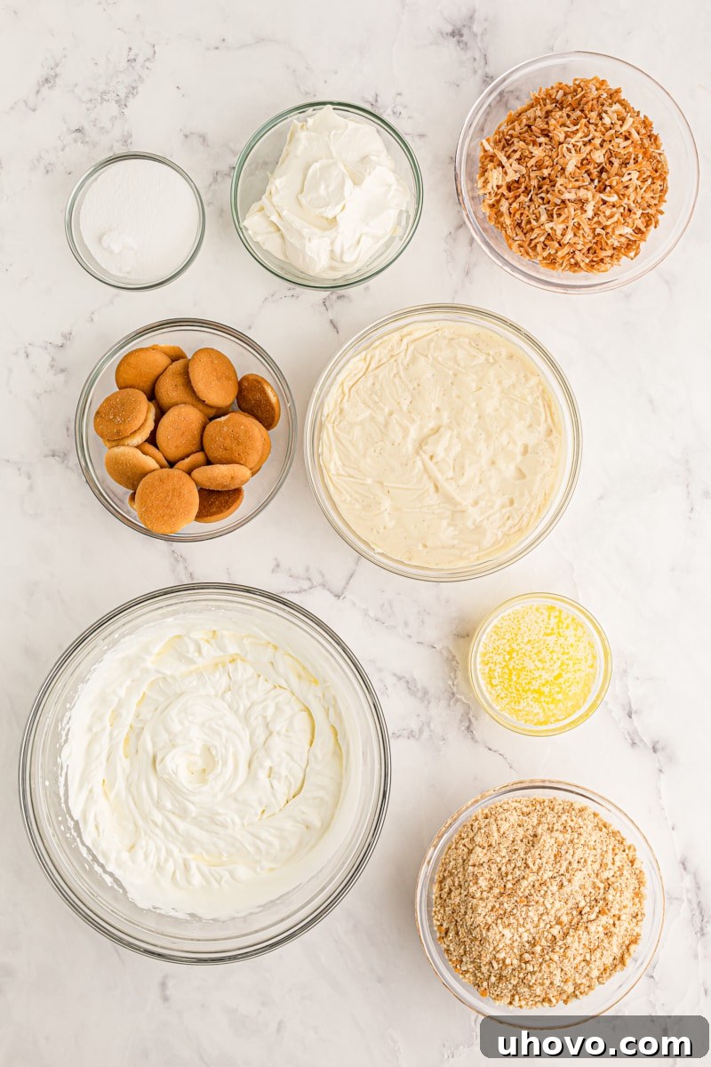 Overhead view of ingredients for coconut cream pie bars