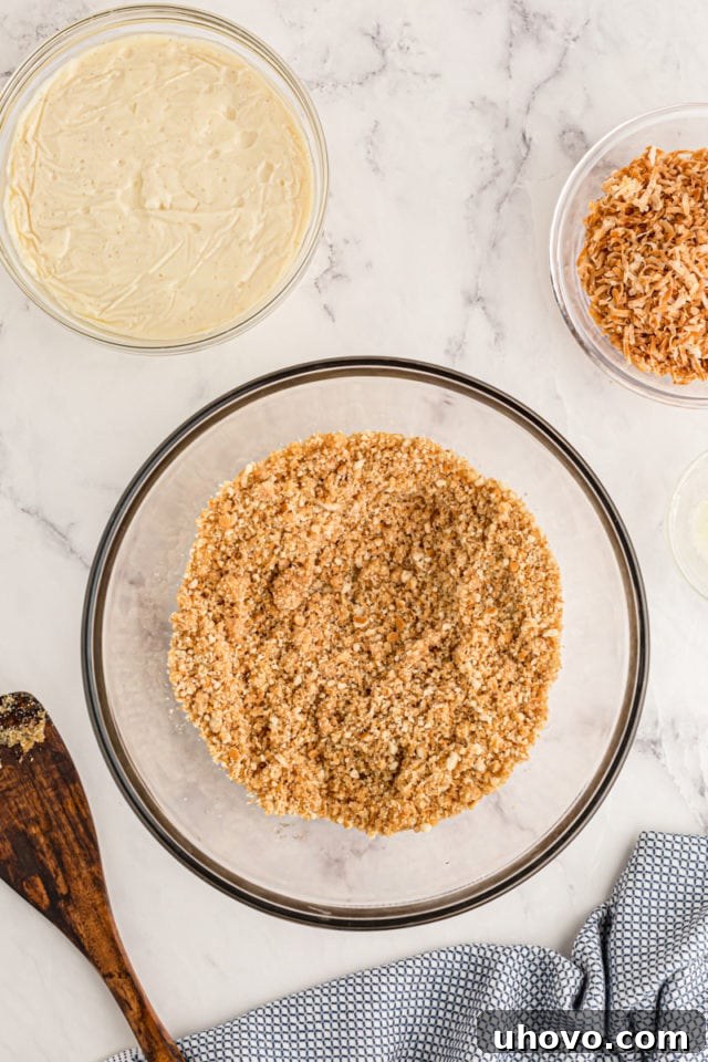 Overhead view of vanilla wafer crust mixture in mixing bowl