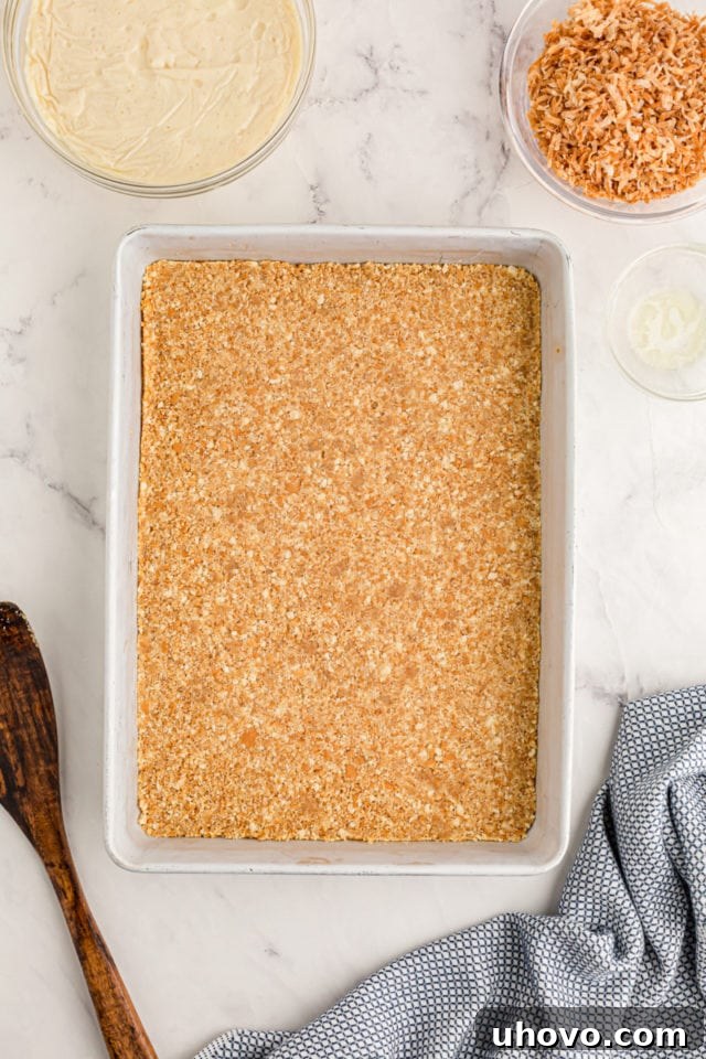 Overhead view of vanilla wafer crust in baking dish
