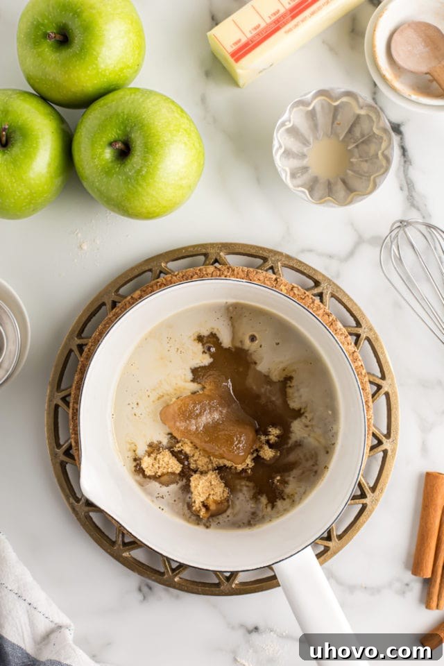 ingredients for caramel glaze in a saucepan