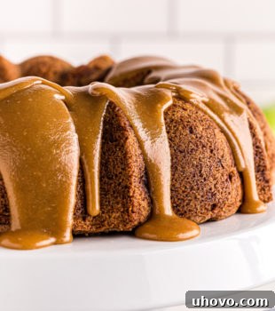 caramel-glazed Apple Spice Cake on a white cake stand