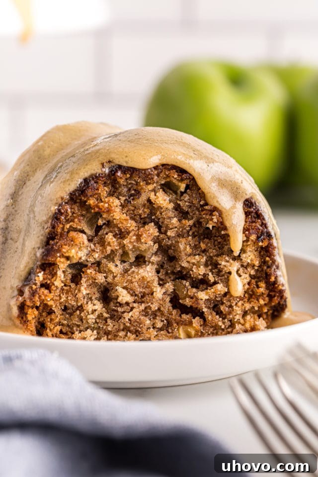close up view of a slice of Apple Spice Cake on a white plate