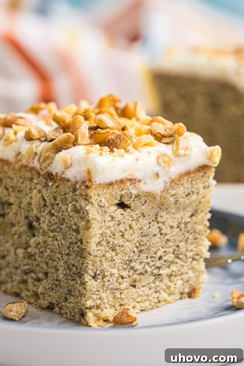 A close-up shot of a thick slice of banana cake, showcasing its moist crumb and rich cream cheese frosting, elegantly topped with toasted chopped nuts.