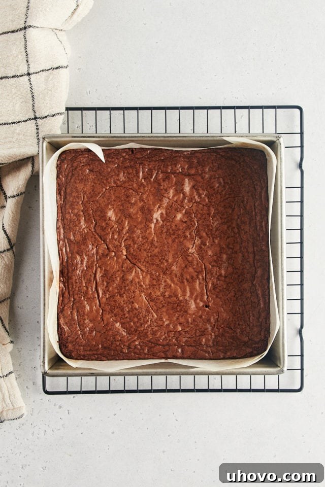 Overhead view of baked brownies cooling in the pan on a wire rack.