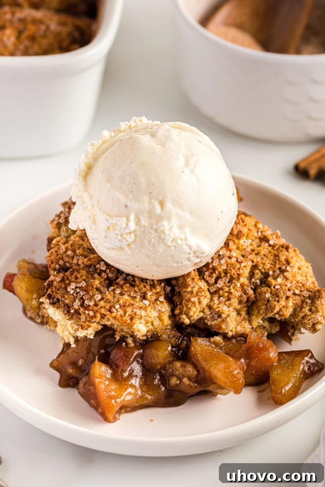A tantalizing close-up of a single serving of Brown Sugar Apple Cobbler, generously topped with a dollop of melting vanilla ice cream, showing the gooey apple filling beneath.