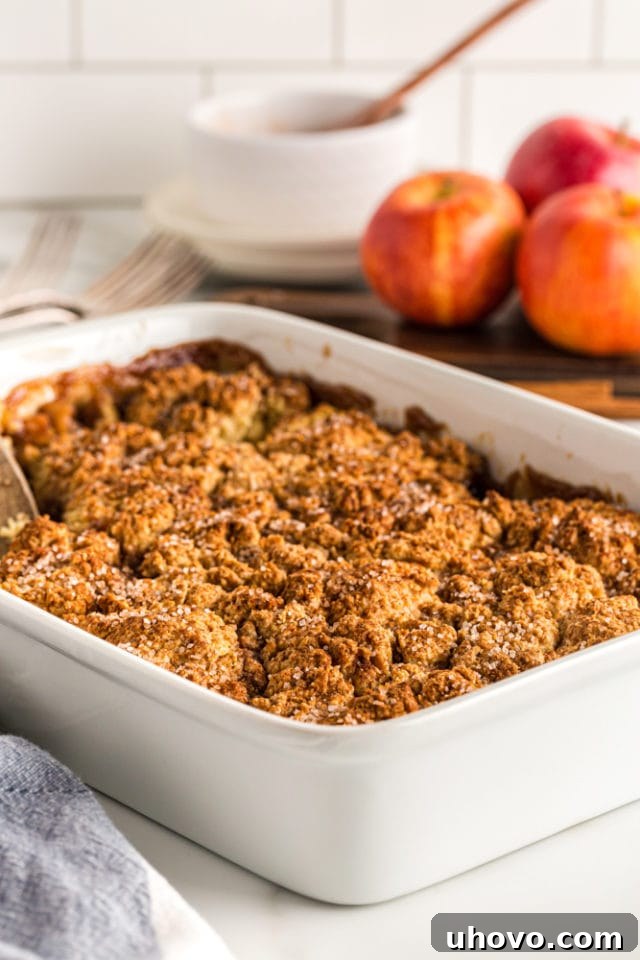 A glorious Brown Sugar Apple Cobbler, freshly baked to golden perfection, resting in a rectangular white baking pan.