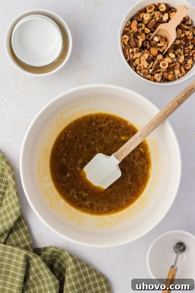 Overhead view of filling mixture for maple nut bars before adding nuts