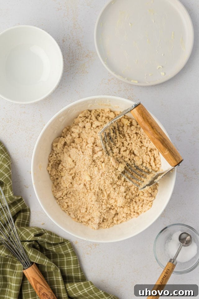 Overhead view of pastry blender in bowl with crust ingredients